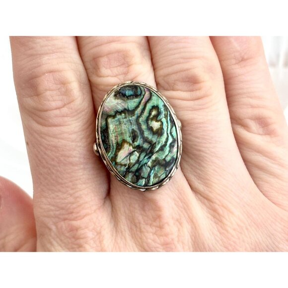 Natural Abalone Oval Southwest Split Shank 925 Sterling Silver Vintage Ring sz 8 - Picture 11 of 13